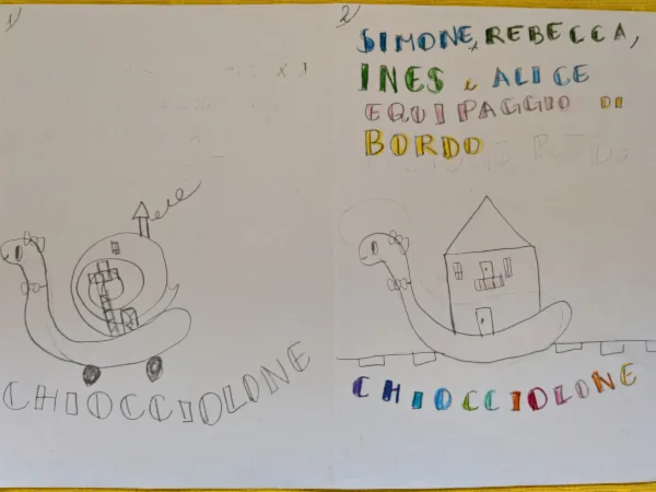 disegno Alice viaggio in camper 2025: Chiocciolone ed equipaggio di bordo